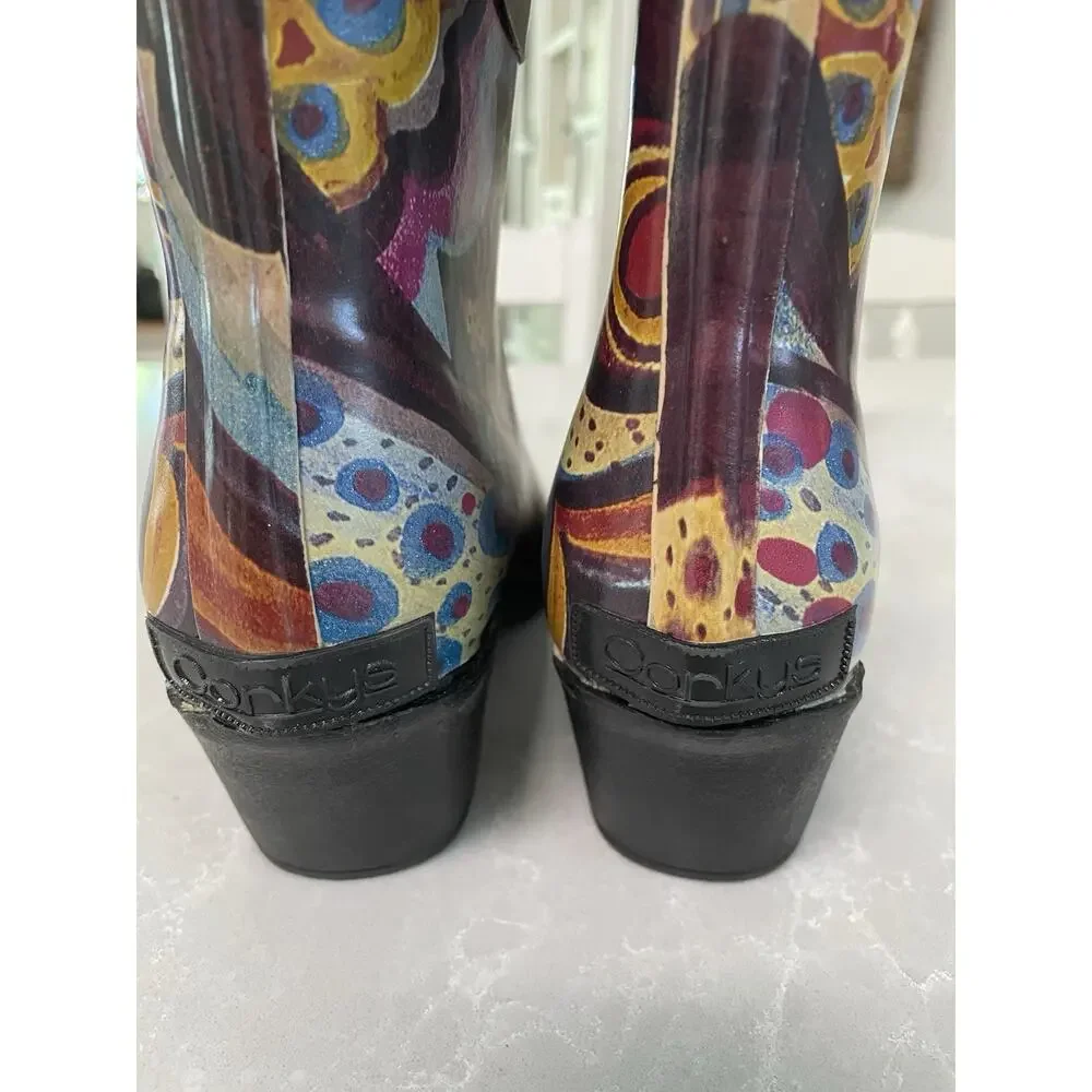 Corkys Women’s Heeled Rubber Ankle Bootie Multicolor Boho Print Size 6